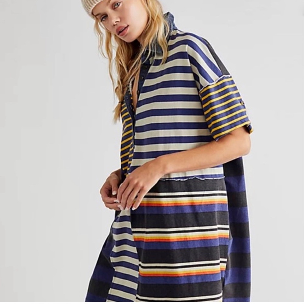 Free People Charlie Striped Mini Collared Shirt Dress in Navy, Cream and Yellow